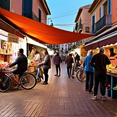 Home 11 **
A vibrant, bustling neighborhood "mercado de trueque" (barter market) in Spain. People are exchanging goods and services: homemade jam for yoga lessons, bicycle repair for plants. Focus on the human connection and community feel. Warm, inviting lighting.
**