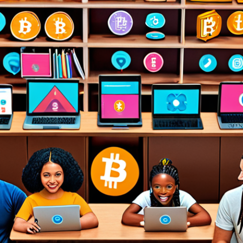 Home 6 A vibrant digital community hub, featuring people from diverse backgrounds collaborating on laptops and tablets. The scene should incorporate elements of cryptocurrency logos, NFT art displays, and symbols of DeFi platforms, highlighting the collaborative spirit and innovation within the alternative economy. Emphasize trust and transparency through clear communication and shared resources, capturing the essence of a decentralized and inclusive financial future.