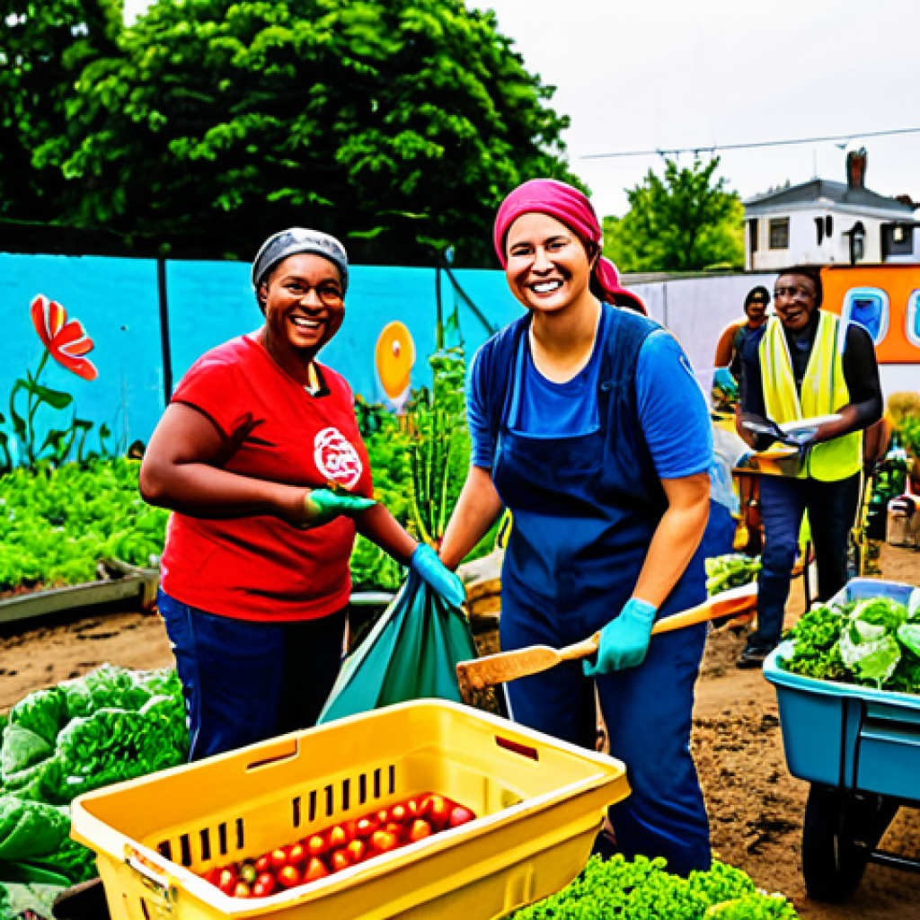 **

"A diverse group of smiling community members working together in a vibrant urban garden, harvesting vegetables. Some are using gardening tools, others are packing produce into baskets. Background shows colorful murals and sustainable buildings. Depict clear positive impact on the local environment and community. Safe for work, appropriate content, fully clothed, professional photography, perfect anatomy, correct proportions, natural poses, showcasing community engagement and sustainable living."

**