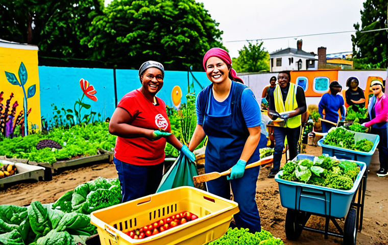 **
"A diverse group of smiling community members working together in a vibrant urban garden, harvesting vegetables. Some are using gardening tools, others are packing produce into baskets. Background shows colorful murals and sustainable buildings. Depict clear positive impact on the local environment and community. Safe for work, appropriate content, fully clothed, professional photography, perfect anatomy, correct proportions, natural poses, showcasing community engagement and sustainable living."
**