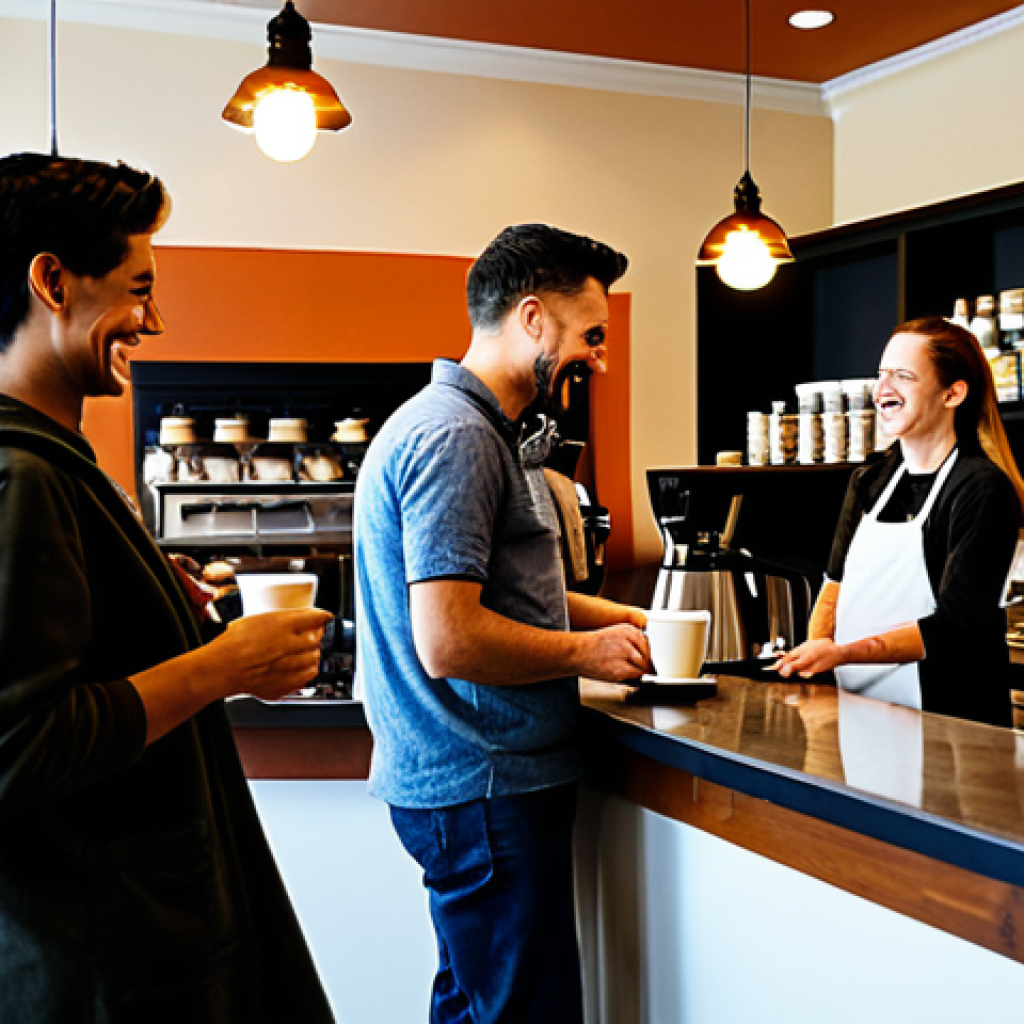 Community Coffee Tasting**
"A vibrant community gathering at a local coffee shop. People are smiling and conversing while sampling different coffee blends. Barista in background preparing drinks. Warm and inviting atmosphere. fully clothed, appropriate attire, safe for work, perfect anatomy, natural proportions, professional photography, high quality, family-friendly."
**
