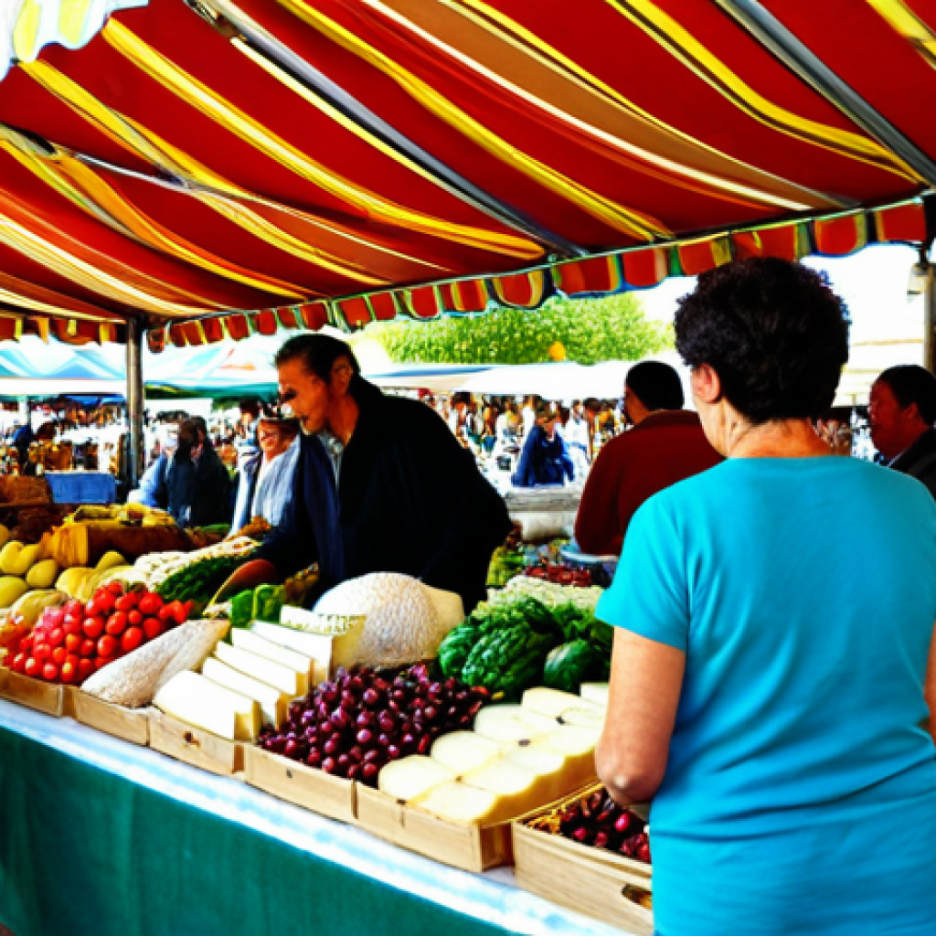 Thriving Local Market**
"A bustling open-air market in Seville, Spain. Vendors are selling fresh produce, artisanal cheeses, handcrafted goods, and local crafts. People are interacting and purchasing items. Ensure everyone is fully clothed in appropriate attire, reflecting Spanish culture and weather. Safe for work, family-friendly, appropriate content. Perfect anatomy, correct proportions, well-formed hands, natural pose, professional photography, high quality."
**