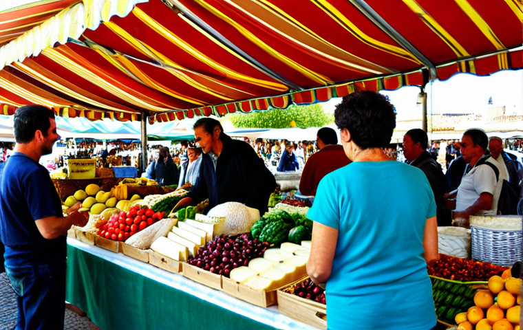 Thriving Local Market**
"A bustling open-air market in Seville, Spain. Vendors are selling fresh produce, artisanal cheeses, handcrafted goods, and local crafts. People are interacting and purchasing items. Ensure everyone is fully clothed in appropriate attire, reflecting Spanish culture and weather. Safe for work, family-friendly, appropriate content. Perfect anatomy, correct proportions, well-formed hands, natural pose, professional photography, high quality."
**