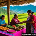 대안경제 모델의 문화적 측면 - A vibrant Latin American rural community market scene, showcasing indigenous artisans wearing tradit...