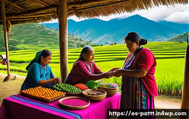 대안경제 모델의 문화적 측면 - A vibrant Latin American rural community market scene, showcasing indigenous artisans wearing tradit...