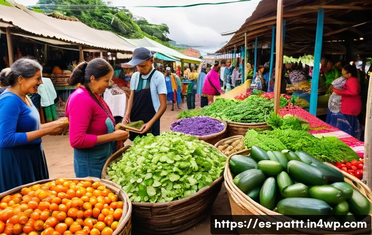 대안경제 모델의 미래 지향적 접근 - A vibrant community cooperative market scene in a Latin American town, featuring diverse people of a...