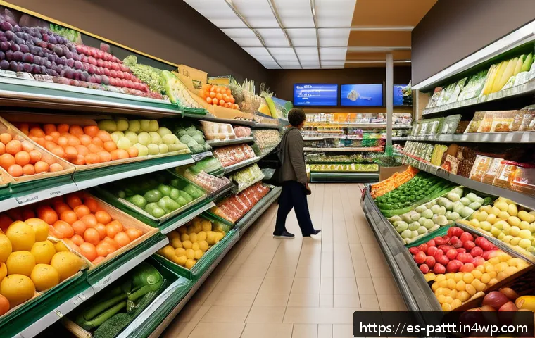 대안경제 모델의 행동 경제학 적용 사례 - A vibrant Spanish supermarket aisle focused on fresh fruits and vegetables, with colorful produce ar...