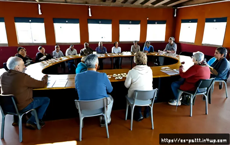 Home 17 대안경제 모델을 위한 정책 제안 - Photorealistic community policy workshop in a sunlit civic hall in Spain, diverse adult residents, s...