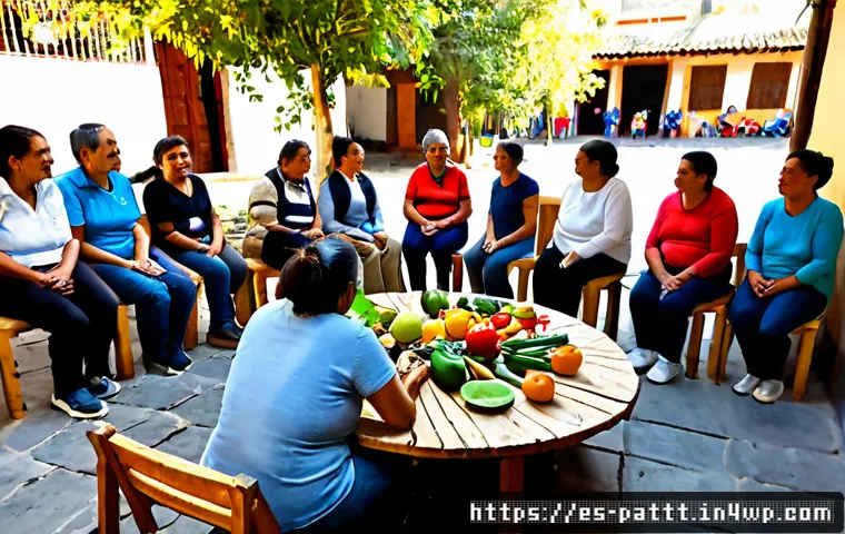 Home 17 대안경제 모델에서의 생태계 구축 방법 - Photorealistic community cooperative meeting in a sunlit neighborhood courtyard in Mexico City, dive...