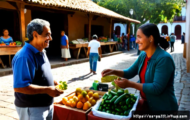 지역 기반 경제 활성화를 위한 대안경제 모델 - Photorealistic community market in a sunlit Spanish-speaking Latin American town plaza, local farmer...